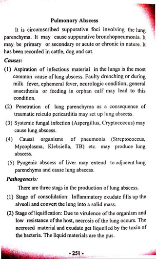 Pulmonary Abscess 
It is circumscribed suppurative foci involving the lung 
parenchyma. It may cause suppurative bronchopneumonia. It 
may be primary or secondary or acute or chronic in nature. It 
has been recorded in cattle, dog and cat. 
Causes: 
(1) Aspiration o f infectious material in the lungs is the most 
common cause o f lung abscess. Faulty drenching or during 
milk fever, ephemeral fever, neurologic condition, general 
anaesthesia or feeding in orphan c a lf may lead to this 
condition. 
(2) Penetration o f lung parenchyma as a consequence o f 
traumatic reiculo pericarditis may set up lung abscess. 
(3) Systemic fungal infection (Aspergillus, Cryptococcus) may 
cause lung abscess. 
(4) Causal organisms o f pneumonia (Streptococcus, 
Mycoplasma, Klebsiella, TB) etc. may produce lung 
abscess. 
(5) Pyogenic abscess of liver may extend to adjacent lung 
parenchyma and cause lung abscess. 
Pathogenesis: 
There are three stags in the production o f lung abscess. 
(1) Stage o f consolidation: Inflammatory exudate fills up the 
alveoli and convert the lung into a solid mass. 
(2) Stage o f liquification: Due to virulence o f the organism and 
low resistance o f the host, necrosis o f the lung occurs. The 
necrosed material and exudate get liquefied by the toxin of 
the bacteria. The liquid materials are the pus. 
 