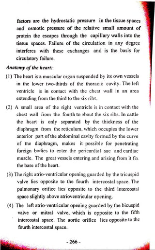 factors are the hydrostatic pressure in the tissue spaces 
and osmotic pressure o f the relative small amount o f 
protein the escapes through the capillary walls into the 
tissue spaces. Failure o f the circulation in any degree 
interferes with these exchanges and is the basis for 
circulatory failure. 
Anatomy o f the heart: 
(1) The heart is a muscular organ suspended by its own vessels 
in the lower two-thirds o f the thoracic cavity. The left 
ventricle is in contact with the chest wall in an area 
extending from the third to the six ribs. 
(2) A small area o f the right ventricle is in contact with the 
chest wall from the fourth to about the six ribs. In cattle 
the heart is only separated by the thickness o f the 
diaphragm from the reticulum, which occupies the lower 
anterior part o f the abdominal cavity formed by the curve 
of the diaphragm, makes it possible for penetrating 
foreign bodies to enter the pericardial sac and cardiac 
muscle. The great vessels entering and arising from it fix 
the base of the heart. 
(3) The right atrio-ventricular opening guarded by the tricuspid 
valve lies opposite to the fourth intercostal space. The 
pulmonary orifice lies opposite to the third intercostal 
space slightly above atrioventricular opening. 
(4) The left atrio-ventricular opening guarded by the bicuspid 
valve or mitral valve, which is opposite to the fifth 
intercostal space. The aortic orifice lies opposite to the 
fourth intercostal space. 
 