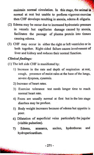 maintain normal circulation. In this stage, the animal kt 
normal at rest but unable to perform vigorous exercise 
then CHF develops resulting in anoxia, edema & oliguria. 
(2) Edema may be occur due to increased hydrostatic pressure 
in vessels but capillaries damage caused by anoxia, 
facilitates the passage of plasma protein into tissues 
causing edema. 
(3) CHF may occur in either the right or left ventricles or in 
both together. Right-sided failure causes involvement of 
liver and kidney and reduces their normal function. 
Clinical findings: 
(1) The left side CHF is manifested by: 
1) Increase in the rate and depth of respiration at rest, 
cough, presence o f moist rales at the base of the lungs, 
severe dyspnea, cyanosis. 
2) Increase o f heart rates. 
3) Exercise tolerance test needs longer time to reach 
normal heart rate. 
4) Feces are usually normal at first but in the late stage 
diarrhea may be profuse. 
5) Body weight increases because of edema but appetite is 
poor. 
6) Dilatation o f superficial veins particularly the jugular 
(visible pulsation). 
7) Edema, anasarca, ascites, hydrothorax and 
hydropericardium. 
-271 - 
 