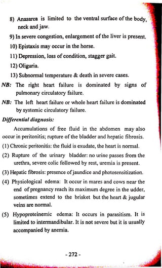 8) Anasarca is limited to the ventral surface o f the body, 
neck and jaw. 
9) In severe congestion, enlargement o f the liver is present. 
10) Epistaxis may occur in the horse. 
11) Depression, loss o f condition, stagger gait. 
12) Oliguria. 
13) Subnormal temperature & death in severe cases. 
NB: The right heart failure is dominated by signs o f 
pulmonary circulatory failure. 
NB: The left heart failure or whole heart failure is dominated 
by systemic circulatory failure. 
Differential diagnosis: 
Accumulations of free fluid in the abdomen may also 
occur in peritonitis; rupture of the bladder and hepatic fibrosis. 
(1) Chronic peritonitis: the fluid is exudate, the heart is normal. 
(2) Rupture of the urinary bladder: no urine passes from the 
urethra, severe colic followed by rest, uremia is present. 
(3) Hepatic fibrosis: presence of jaundice and photosensitization. 
(4) Physiological edema: It occur in mares and cows near the 
end o f pregnancy reach its maximum degree in the udder, 
sometimes extend to the brisket but the heart & jugular 
veins are normal. 
(5) Hypoproteinemic edema: It occurs in parasitism. It is 
limited to intermandibular. It is not severe but it is usually 
accompanied by anemia. 
 
