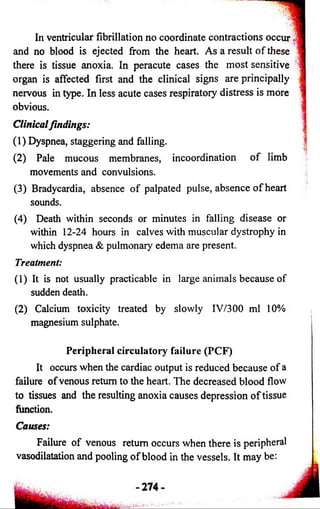 In ventricular fibrillation no coordinate contractions occur 
and no blood is ejected from the heart. As a result o f these 
there is tissue anoxia. In peracute cases the most sensitive 
organ is affected first and the clinical signs are principally 
nervous in type. In less acute cases respiratory distress is more 
obvious. 
Clinical findings: 
(1) Dyspnea, staggering and falling. 
(2) Pale mucous membranes, incoordination o f limb 
movements and convulsions. 
(3) Bradycardia, absence o f palpated pulse, absence o f heart 
sounds. 
(4) Death within seconds or minutes in falling disease or 
within 12-24 hours in calves with muscular dystrophy in 
which dyspnea & pulmonary edema are present. 
Treatment: 
(1) It is not usually practicable in large animals because of 
sudden death. 
(2) Calcium toxicity treated by slowly IV/300 ml 10% 
magnesium sulphate. 
Peripheral circulatory failure (PCF) 
It occurs when the cardiac output is reduced because of a 
failure of venous return to the heart. The decreased blood flow 
to tissues and the resulting anoxia causes depression o f tissue 
function. 
Causes: 
Failure of venous return occurs when there is peripheral 
vasodilatation and pooling o f blood in the vessels. It may be: 
 