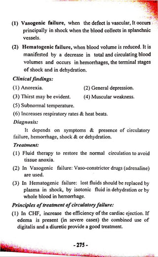 (1) Vasogenic failure, when the defect is vascular, It occurs 
principally in shock when the blood collects in splanchnic 
vessels. 
(2) Hematogenic failure, when blood volume is reduced. It is 
manifested by a decrease in total and circulating blood 
volumes and occurs in hemorrhages, the terminal stages 
o f shock and in dehydration. 
Clinical findings: 
(1) Anorexia. (2) General depression. 
(3) Thirst may be evident. (4) Muscular weakness. 
(5) Subnormal temperature. 
(6) Increases respiratory rates & heat beats. 
Diagnosis: 
It depends on symptoms & presence of circulatory 
failure, hemorrhage, shock & or dehydration. 
Treatment: 
(1) Fluid therapy to restore the normal circulation to avoid 
tissue anoxia. 
(2) In Vasogenic failure: Vaso-constrictor drugs (adrenaline) 
are used. 
(3) In Hematogenic failure: lost fluids should be replaced by 
plasma in shock, by isotonic fluid in dehydration or by 
whole blood in hemorrhage. 
Principles o f treatment o f circulatory failure: 
(1) In CHF, increase the efficiency o f the cardiac ejection. If 
edema is present (in severe cases) the combined use of 
digitalis and a diuretic provide a good treatment. 
 