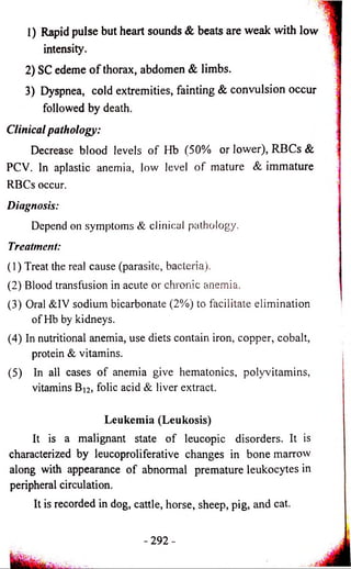1) Rapid pulse but heart sounds & beats are weak with low 
intensity. 
2) SC edeme o f thorax, abdomen & limbs. 
3) Dyspnea, cold extremities, fainting & convulsion occur 
followed by death. 
Clinical pathology: 
Decrease blood levels o f Hb (50% or lower), RBCs & 
PCV. In aplastic anemia, low level o f mature & immature 
RBCs occur. 
Diagnosis: 
Depend on symptoms & clinical pathology. 
Treatment: 
(1) Treat the real cause (parasite, bacteria). 
(2) Blood transfusion in acute or chronic anemia, 
(3) Oral &IV sodium bicarbonate (2%) to facilitate elimination 
of Hb by kidneys. 
(4) In nutritional anemia, use diets contain iron, copper, cobalt, 
protein & vitamins. 
(5) In all cases of anemia give hematonics, polyvitamins, 
vitamins B)2, folic acid & liver extract. 
Leukemia (Leukosis) 
It is a malignant state o f leucopic disorders. It is 
characterized by leucoproliferative changes in bone marrow 
along with appearance of abnormal premature leukocytes in 
peripheral circulation. 
It is recorded in dog, cattle, horse, sheep, pig, and cat. 
- 2 9 2 - 
 