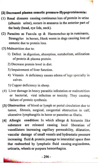 [2] Decreased plasma osmotic pressure-Hypoproteinemia: 
(1) Renal diseases causing continuous loss o f protein in urine 
(albumin urine), occurs in anasarca in the anterior part o f 
the body (head, eye lids, neck). 
(2) Parasites as Fascula sp & Haemonchus sp in ruminants, 
Strongylus in horses, Hook worm in dogs causing loss o f 
osmotic due to protein loss. 
(3) Malnutrition due to: 
1) Defect in digestion, absorption, metabolism, utilization 
o f protein & plasma protein. 
2) Decrease protein level in diet. 
3) Impairement o f liver function. 
4) Vitamin A deficiency causes edema of legs specially in 
calves. 
5) Copper deficiency in sheep. 
(4) Liver damage in heavy parasitic infestation or malnutrition 
or bacterial, viral infection or toxicity. They causing 
failure o f protein synthesis. 
[3] Obstruction o f blood or lymph or portal circulation due to 
tumor, fibrosis, surgical, congential obstruction in calf, 
ulcerative lymphangitis in horse or parasites as filaria. 
[4] Allergic condition: In which allerge & histamin like 
substance are released causing local liberation o f 
vasodilators increasing capillary permeability, dilatation, 
vascular damage o f small vessels and hydrostatic pressure 
increasing fluid & protein passage to interstitial space than 
that reabsorbed by lymphatic fluid causing angioedema, 
urticaria, wheels or purpura hemorrhagica. 
- 296- 
 