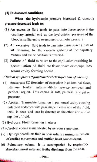 [2] In diseased condition: 
When the hydrostatic pressure increased & osmotic 
pressure decreased leads to: 
(1) An excessive fluid tends to pass into tissue space at the 
capillary arterial end as the hydrostatic pressure o f the 
blood is sufficient to overcome its osmotic pressure. 
(2) An excessive fluid tends to pass into tissue space (instead 
o f returning to the vascular system) at the capillary 
venous end as the position is reversed. 
(3) Failure o f fluid to return to the capillaries re su ltin g in 
accumulation o f fluid into tissue space or e sc ap e into 
serous cavity forming edema. 
Clinical symptoms (Symptomatical classification o f edema): 
(1) Anasarcas: SC formation o f transudate in abdominal floor, 
sternum, brisket, intermandibular space,pharyngeai and 
perineal region. This edema is soft, painless and pit on 
pressure. 
(2) Ascites: Transudate formation in peritoneal cavity causing 
enlarged abdomen with pear shape. Percussion o f the fluid, 
thrill is seen and can be detected on the other side and at 
top line o f fluid. 
(3) Hydropsy: Fluid formation in uterus. 
(4) Cerebral edema is manifested by nervous symptoms. 
(5) Hydropericardium: fluid in pericardium causing restriction 
o f cardiac movements and muffled heart sounds occur. 
(6) Pulmonary edema: It is accompanied by re sp ira to iy 
disorders, moist rales and frothy discharge from the nose. 
 