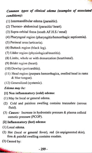 Common types of clinical edema (examples of associated 
conditions): 
(1) Intermandibular edema (parasitic). 
(2) Thoraco- abdominal (parasitic/ heart). 
(3) Supra-orbital fossa (south AF.H.S./ renal) 
(4) Pharyngeal region (pharyngitis/hemorrhagic septicemia). 
(5) Perineal area (urticaria). 
(6) Buttock region (black leg). 
(7) Udder region (physiological/mastitis). 
(8) Limbs, whole or with demarcation (heart/renal). 
(9) Brisk! region (heart). 
(10) Dewlap (pericarditis). 
(11) Head region (purpura hemorrhagica, swelled head in rams 
& blue tongue). 
(12) Generalized (systemic). 
Edema may be: 
[1] Non inflammatory (cold) edema: 
(1) May be local or general edema. 
(2) Cold and painless swelling contains transudate (serous 
fluid). 
(3) Causes: Increase in hydrostatic pressure & plasma colloid 
osmotic pressure (PCOP). 
[2] Inflammatory (hot) edema: 
(1) Local edema. 
(2) Hot (local or general fever), red (in unpigmented skin), 
firm & painful swelling contains exudate. 
(3) Caused by: 
 