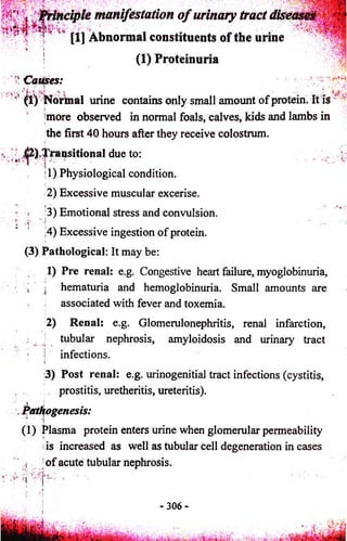 principle manifestation o f urinary tract diseases ( 1 ) Abnormal constituents of the urine 
(1) Proteinuria 
Causes: 
(1) Normal urine contains only small amount of protein. It is 
more observed in normal foals, calves, kids and lambs in 
the first 40 hours after they receive colostrum. 
p),Transitional due to: 
1) Physiological condition. 
2) Excessive muscular excerise. 
3) Emotional stress and convulsion. 
i ’ 4) Excessive ingestion of protein. 
(3) Pathological: It may be: 
1) Pre renal: e.g. Congestive heart failure, myoglobinuria, 
hematuria and hemoglobinuria. Small amounts are 
associated with fever and toxemia. 
2) Renal: e.g. Glomerulonephritis, renal infarction, 
tubular nephrosis, amyloidosis and urinary tract 
infections. 
3) Post renal: e.g. urinogenitial tract infections (cystitis, 
prostitis, uretheritis, ureteritis). 
. Pathogenesis: 
(1) Plasma protein enters urine when glomerular permeability 
is increased as well as tubular cell degeneration in cases 
o f acute tubular nephrosis. 
- 3 0 6 - 
 