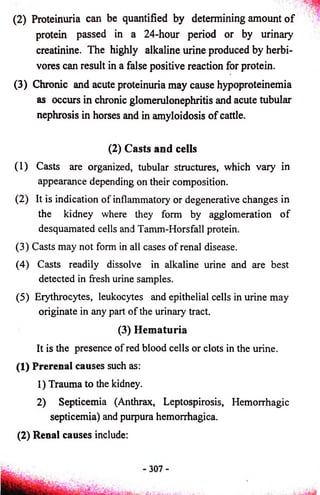 (2) Proteinuria can be quantified by determining amount o f 
protein passed in a 24-hour period or by urinary 
creatinine. The highly alkaline urine produced by herbi­vores 
can result in a false positive reaction for protein. 
(3) Chronic and acute proteinuria may cause hypoproteinemia 
as occurs in chronic glomerulonephritis and acute tubular 
nephrosis in horses and in amyloidosis of cattle. 
(2) Casts and cells 
(1) Casts are organized, tubular structures, which vary in 
appearance depending on their composition. 
(2) It is indication of inflammatory or degenerative changes in 
the kidney where they form by agglomeration of 
desquamated cells and Tamm-Horsfall protein. 
(3) Casts may not form in all cases of renal disease. 
(4) Casts readily dissolve in alkaline urine and are best 
detected in fresh urine samples. 
(5) Erythrocytes, leukocytes and epithelial cells in urine may 
originate in any part of the urinary tract. 
(3) Hematuria 
It is the presence of red blood cells or clots in the urine. 
(1) Prerenal causes such as: 
1) Trauma to the kidney. 
2) Septicemia (Anthrax, Leptospirosis, Hemorrhagic 
septicemia) and purpura hemorrhagica. 
(2) Renal causes include: 
 