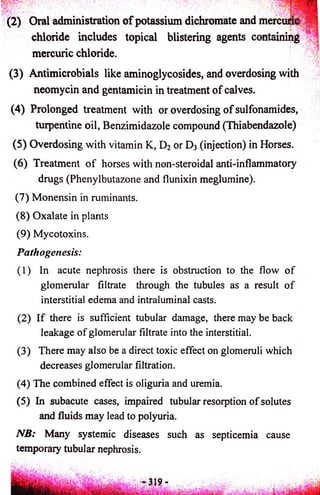 (2) Oral administration o f potassium dichromate and mercurid ^ 
chloride includes topical blistering agents containing 
mercuric chloride. 
(3) Antimicrobials like aminoglycosides, and overdosing with 
neomycin and gentamicin in treatment o f calves. 
(4) Prolonged treatment with or overdosing o f sulfonamides, 
turpentine oil, Benzimidazole compound (Thiabendazole) 
(5) Overdosing with vitamin K, D2 or D3 (injection) in Horses. 
(6) Treatment o f horses with non-steroidal anti-inflammatory 
drugs (Phenylbutazone and flunixin meglumine). 
(7) Monensin in ruminants. 
(8) Oxalate in plants 
(9) My cotoxins. 
Pathogenesis: 
(1) In acute nephrosis there is obstruction to the flow of 
glomerular filtrate through the tubules as a result o f 
interstitial edema and intraluminal casts. 
(2) If there is sufficient tubular damage, there may be back 
leakage of glomerular filtrate into the interstitial. 
(3) There may also be a direct toxic effect on glomeruli which 
decreases glomerular filtration. 
(4) The combined effect is oliguria and uremia. 
(5) In subacute cases, impaired tubular resorption of solutes 
and fluids may lead to polyuria. 
NB: Many systemic diseases such as septicemia cause 
temporary tubular nephrosis. 
 