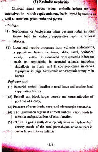 iV'v./Vf'.. {, (5) Embolic nephritis 
r 
 ^ ................... 
Clinical signs occur when embolic lesions are very 
extensive, in which septicemia may be followed by uremia as 
well as transient proteinuria and pyuria 
Etiology: 
(1) Septicemia or bacteremia when bacteria lodge in renal 
tissue lead to embolic suppurative nephritis or renal 
s abscess. 
j 
(2) Localized septic processes from vulvular endocarditis, 
suppurative lesions in uterus, udder, navel, peritoneal 
cavity in cattle. Be associated with systemic infections 
such as septicemia in neonatal animals including 
shigellosis in foals and E. coli septicemia in calves 
Erysipelas in pigs Septicemic or bacteremic strangles in 
horses. 
Pathogenesis: 
(1) Bacterial emboli localize in renal tissue and causing focal 
suppurative lesions. 
(2) Emboli can block larger vessels and cause infarction of 
portions o f kidney, 
(3) Presence o f proteinuria, casts, and microscopic hematuria. 
: .(4) The gradual enlargement of focal embolic lesions leads to 
i toxemia and gradual loss of renal function. 
i 
(5) Clinical signs usually develop only when multiple emboli 
destroy much o f the renal parenchyma, or when there is 
& H one or larger infected infarcts. 
 