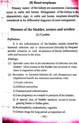 (8) R en a l neoplasms 
Primary tumor o f the kidney are uncommon. Carcinonia 
occur in cattle and horses. Enlargement o f the kidney is the 
characteristic sign; in cattle and horses neoplasm should be 
; considered in the differential diagnosis o f renal enlargement. 
Diseases of the bladder, ureters and urethra 
Definition: 
(1) Cystitis 
It is the inflammation of the bladder, usually caused by 
bacterial infection and is characterized clinically by frequent 
painful urination as well as presence of blood, inflammatory 
cells and bacteria in the urine. 
Etiology: 
(1) Sporadic cases due to the introduction of infection into the 
bladder when trauma to the bladder has occurred or when 
there is stagnation of the urine. 
(2) Secondary to bacterial infection (E. coli, Streptococci and 
Diphtheroid bacilli are common) associations with: 
1) Cystic calculus 
2) Difficult parturition 
3) Contaminated catheterization 
4) Late pregnancy as a sequel to paralysis of the bladder. 
5) A special case of bladder paralysis occurs in horses 
grazing Sudax or Sudan grass. 
6) Pyelonephritis, endometritis, vaginitis. 
7) Certain drugs for long period as turpentine oil. 
- 332 - 
 