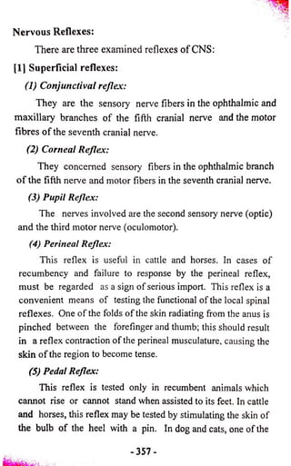 Nervous Reflexes: 
There are three examined reflexes o f CNS: 
[1] Superficial reflexes: 
(1) Conjunctival reflex: 
They are the sensory nerve fibers in the ophthalmic and 
maxillary branches of the fifth cranial nerve and the motor 
fibres o f the seventh cranial nerve. 
(2) Corneal Reflex: 
They concerned sensory fibers in the ophthalmic branch 
o f the fifth nerve and motor fibers in the seventh cranial nerve. 
(3) Pupil Reflex: 
The nerves involved are the second sensory nerve (optic) 
and the third motor nerve (oculomotor). 
(4) Perineal Reflex: 
This reflex is useful in cattle and horses. In cases of 
recumbency and failure to response by the perineal reflex, 
must be regarded as a sign of serious import. This reflex is a 
convenient means of testing the functional of the local spinal 
reflexes. One of the folds of the skin radiating from the anus is 
pinched between the forefinger and thumb; this should result 
in a reflex contraction of the perineal musculature, causing the 
skin of the region to become tense. 
(5) Pedal Reflex: 
This reflex is tested only in recumbent animals which 
cannot rise or cannot stand when assisted to its feet. In cattle 
and horses, this reflex may be tested by stimulating the skin of 
the bulb of the heel with a pin. In dog and cats, one of the 
- 357- 
 