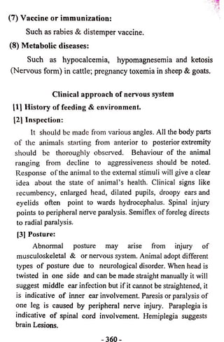 (7) Vaccine or immunization: 
Such as rabies & distemper vaccine. 
(8) Metabolic diseases: 
Such as hypocalcemia, hypomagnesemia and ketosis 
(Nervous form) in cattle; pregnancy toxemia in sheep & goats. 
Clinical approach of nervous system 
[1] History of feeding & environment. 
[2] Inspection: 
It should be made from various angles. All the body parts 
of the animals starting from anterior to posterior extremity 
should be thoroughly observed. Behaviour of the animal 
ranging from decline to aggressiveness should be noted. 
Response of the animal to the external stimuli will give a clear 
idea about the state of animal’s health. Clinical signs like 
recumbency, enlarged head, dilated pupils, droopy ears and 
eyelids often point to wards hydrocephalus. Spinal injury 
points to peripheral nerve paralysis. Semiflex of foreleg directs 
to radial paralysis. 
[3] Posture: 
Abnormal posture may arise from injury of 
musculoskeletal & or nervous system. Animal adopt different 
types of posture due to neurological disorder. When head is 
twisted in one side and can be made straight manually it will 
suggest middle ear infection but if it cannot be straightened, it 
is indicative of inner ear involvement. Paresis or paralysis of 
one leg is caused by peripheral nerve injury. Paraplegia is 
indicative of spinal cord involvement. Hemiplegia suggests 
brain Lesions. 
-3 6 0 - 
 