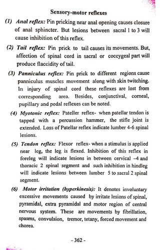 Sensory-motor reflexes 
(1) Anal reflex: Pin pricking near anal opening causes closure 
o f anal sphincter. But lesions between sacral 1 to 3 will 
cause inhibition o f this reflex. 
(2) Tail reflex: Pin prick to tail causes its movements. But, 
affection o f spinal cord in sacral or coccygeal part will 
produce flaccidity o f tail. 
(3) Panniculus reflex: Pin prick to different regions cause 
panniculus muscles movement along with skin twitching. 
In injury o f spinal cord these reflexes are lost from 
corresponding area. Besides, conjunctival, comeal, 
pupillary and pedal reflexes can be noted. 
(4) Myotonic reflex: Pateller reflex- when patellar tendon is 
tapped with a percussion hammer, the stifle joint is 
extended. Loss of Patellar reflex indicate lumber 4-6 spinal 
lesions. 
(5) Tendon reflex: Flexor reflex- when a stimulus is applied 
near leg, the leg is flexed. Inhibition of this reflex in 
foreleg will indicate lesions in between cervical —4 and 
thoracic 2 spinal segment and such inhibition in hindleg 
will indicate lesions between lumber 5 to sacral 2 spinal 
segment. 
(6) Motor irritation (hyperkinesis): It denotes involuntary 
excessive movements caused by irritate lesions of spinal, 
pyramidal, extra pyramidal and motor region of central 
nervous system. These are movements by fibrillation, 
spasms, convulsion, tremor, tetany, forced movement and 
chorea. 
 