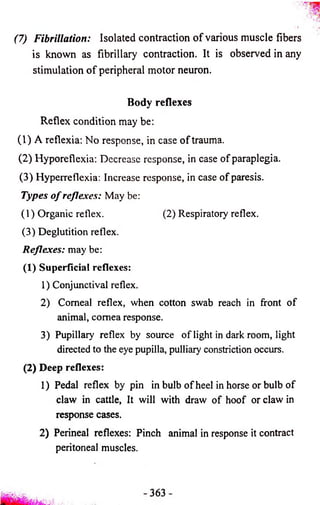 (7) Fibrillation: Isolated contraction o f various muscle fibers 
is known as fibrillary contraction. It is observed in any 
stimulation o f peripheral motor neuron. 
Body reflexes 
Reflex condition may be: 
(1) A reflexia: No response, in case o f trauma. 
(2) Hyporeflexia: Decrease response, in case of paraplegia. 
(3) Hyperreflexia: Increase response, in case of paresis. 
Types o f reflexes: May be: 
(1) Organic reflex. (2) Respiratory reflex. 
(3) Deglutition reflex. 
Reflexes: may be: 
(1) Superficial reflexes: 
1) Conjunctival reflex. 
2) Comeal reflex, when cotton swab reach in front of 
animal, cornea response. 
3) Pupillary reflex by source of light in dark room, light 
directed to the eye pupilla, pulliary constriction occurs. 
(2) Deep reflexes: 
1) Pedal reflex by pin in bulb of heel in horse or bulb of 
claw in cattle, It will with draw of hoof or claw in 
response cases. 
2) Perineal reflexes: Pinch animal in response it contract 
peritoneal muscles. 
 