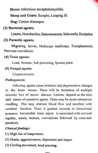 Horse: Infectious encephalomyelitis. 
Sheep and Goats: Scrapie; Louping ill. 
Dog: Canine distemper. 
(2) Bacterial agents: 
Listeria, Necrobacillus, Enterotoxaemia, Salmonella, Erysipelus. 
(3) Parasitic agents: 
Migrating larvae, Multiceps multiceps, Toxoplasmosis, 
Nervous coccidiosis. 
(4) Toxic agents: 
Lead, Arsenic, Salt poisoning, Ipomia plant. 
(5) Fungal agents: 
Cryptococcosis. 
Pathogenesis: 
Infecting agents cause irritation and degenerative changes 
in the brain tissues. There will be formation o f multiple 
necrotic foci o f micro- abscess. Lesions depend on the sites 
and nature o f causative agents. There may be acute edematous 
swelling. This may obstruct blood flow and interfere with 
cerebral function. There is gradual increase in intracranial 
pressure. Irreversible brain injury is associated with cervical 
rigidity, ataxia, tremors, convulsions followed by coma and 
paralysis. 
Clinical findings: 
(1) High rise o f temperature. 
(2) Mania, aggressiveness, depression and stupor. 
(3) Circling movement, head pressing. 
 