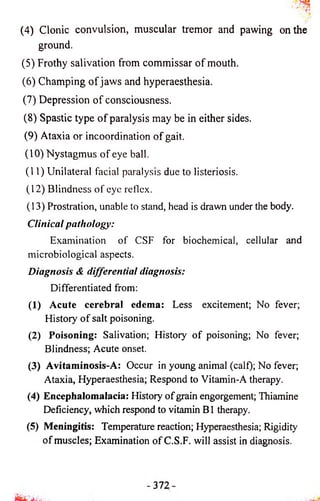 (4) Clonic convulsion, muscular tremor and pawing on the 
ground. 
(5) Frothy salivation from commissar o f mouth. 
(6) Champing o f jaws and hyperaesthesia. 
(7) Depression o f consciousness. 
(8) Spastic type o f paralysis may be in either sides. 
(9) Ataxia or incoordination of gait. 
(10) Nystagmus o f eye ball. 
(11) Unilateral facial paralysis due to listeriosis. 
(12) Blindness of eye reflex. 
(13) Prostration, unable to stand, head is drawn under the body. 
Clinical pathology: 
Examination of CSF for biochemical, cellular and 
microbiological aspects. 
Diagnosis & differential diagnosis: 
Differentiated from: 
(1) Acute cerebral edema: Less excitement; No fever; 
History of salt poisoning. 
(2) Poisoning: Salivation; History of poisoning; No fever; 
Blindness; Acute onset. 
(3) Avitaminosis-A: Occur in young animal (calf); No fever; 
Ataxia, Hyperaesthesia; Respond to Vitamin-A therapy. 
(4) Encephalomalacia: History of grain engorgement; Thiamine 
Deficiency, which respond to vitamin B 1 therapy. 
(5) Meningitis: Temperature reaction; Hyperaesthesia; Rigidity 
of muscles; Examination of C.S.F. will assist in diagnosis. 
 