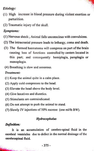 Etiology: 
(1) High increase in blood pressure during violent exertion or 
parturition. 
(2) Traumatic injury o f the skull. 
Symptoms: 
(1) Nervous shock:, Animal falls unconscious with convulsions. 
(2) The intracranial pressure leads to lethargy, coma and death. 
(3) The formed haernatoma will compress on part o f the brain 
causing loss of functions controlled by centers located in 
this part; and consequently hemiplegia, paraplegia or 
monoplegia. 
(4) Breathing is slow and sonorous. 
Treatment: 
(1) Keep the animal quite in a calm place. 
(2) Apply cold compresses to the head. 
(3) Elevate the head above the body level. 
(4) Give laxatives and diuretics. 
(5) Stimulants are contraindicated. 
(6) Do not attempt to push the animal to stand. 
(7) Slowly IV injections of 50% sucrose (one ml/lb BW). 
Hydrocephalus 
Definition: 
It is an accumulation of cerebro-spinal fluid in the 
cerebral ventricles due to defect in the normal drainage of the 
cerebrospinal fluid. 
-375 - 
 