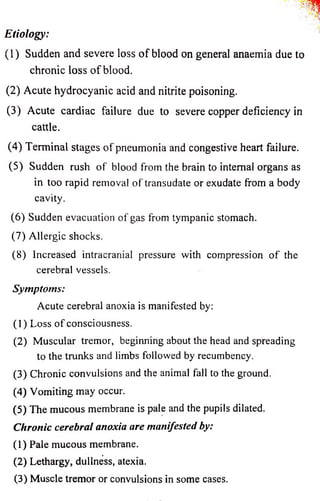 Etiology: 
(1) Sudden and severe loss o f blood on general anaemia due to 
chronic loss o f blood. 
(2) Acute hydrocyanic acid and nitrite poisoning. 
(3) Acute cardiac failure due to severe copper deficiency in 
cattle. 
(4) Terminal stages o f pneumonia and congestive heart failure. 
(5) Sudden rush o f blood from the brain to internal organs as 
in too rapid removal o f transudate or exudate from a body 
cavity. 
(6) Sudden evacuation of gas from tympanic stomach. 
(7) Allergic shocks. 
(8) Increased intracranial pressure with compression o f the 
cerebral vessels. 
Symptoms: 
Acute cerebral anoxia is manifested by: 
(1) Loss o f consciousness. 
(2) Muscular tremor, beginning about the head and spreading 
to the trunks and limbs followed by recumbency. 
(3) Chronic convulsions and the animal fall to the ground. 
(4) Vomiting may occur. 
(5) The mucous membrane is pale and the pupils dilated. 
Chronic cerebral anoxia are manifested by: 
(1) Pale mucous membrane. 
9 (2) Lethargy, dullness, atexia. 
(3) Muscle tremor or convulsions in some cases. 
 