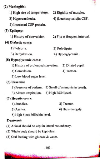 (2) Meningitis: 
1) High rise o f temperature. 
3) Hyperaesthesia. 
5) Increased CSF protein. 
(3) Epilepsy: 
1) History o f convulsion. 
(4) Diabetic coma: 
1) Polyuria. 
3) Dehydration. 
(5) Hypoglycemic coma: 
3) Convulsion. 
5) Low blood sugar level. 
(6) Uraemia: 
1) Presence of oedema. 
3) Altered respiration. 
(7) Hepatic coma: 
1) Jaundice. 
3) Ascites. 
5) High blood bilirubin level. 
2) Rigidity of muscles. 
4) (Leukocytosis)in CSF. 
2) Fits at frequent interval. 
2) Polydipsia. 
4) Hyperglycemia. 
2) Dilated pupil. 
4) Tremor. 
2) Smell of ammonia in breath. 
4) High BUN level. 
2) Tremor. 
4) Hepatomegaly. 
1) History of prolonged starvation. 
Treatment: 
(1) Animal should be kept in lateral recumbency. 
(2) Whole body should be kept clean. 
(3) Oral feeding with glucose & water. 
- 403- i 
 