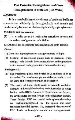 Post Parturient Hemoglobinuria of Cows 
Hemoglobinuria in Buffaloes (Red Water) 
Definition: 
It is a metabolic hemolytic disease of cattle and buffaloes 
characterized clinically by hemoglobinuria and anemia and 
biochemically by intravascular hemolysis and hypophosphatemia. 
Incidence and occurrence: 
(1) It is usually occur 2-4 weeks after parturition in cows and 
in mid-term of gestation in buffaloes. 
(2) Animals are susceptible between fifth and tenth calving. 
Causes: 
(1) Diets low in phosphorus or unsupplemented with ph. 
(2) Feeding of cruciferous plants such as Berseem, grass, 
turnips, kale (contain thiocyanites, nitrates and sulphoxides 
as toxins) and carbage (contains thiouracil as toxins). 
Pathogenesis: 
(1) The cruciferous plants may be rich in Ca and poor in ph so 
excessive Ca needs more ph to metabolism and excreted 
(in urine and feces) resulting in ph deficiency. 
(2) The toxins of these plants cause irreversible oxidative 
changes in hemoglobin leading to the formation of Heinz 
bodies in the RBCs. As soon as Heinz bodies are formed, 
the erythrocytes become foreign to the circulatory system. 
These foreign RBC are carried to the spleen where they 
are erythrophagocytosed by the spleen and other 
reticuloendothelial system. So, increased destruction of 
RBC leads to hemolytic anemia and hemoglobinuria. 
 