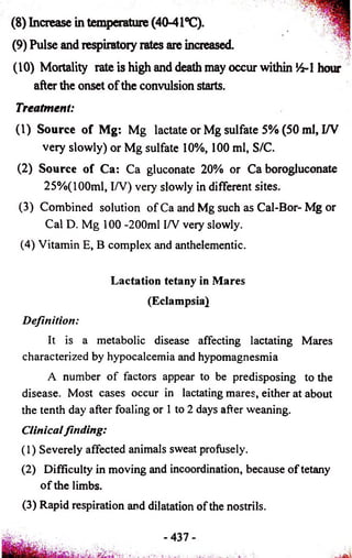 (8) Increase in temperature (40-41°C). 
(9) Pulse and respiratory rates are increased. 
(10) Mortality rate is high and death may occur within 14-1 hour 
after the onset of the convulsion starts. 
Treatment: 
(1) Source of Mg: Mg lactate or Mg sulfate 5% (50 ml, I/V 
very slowly) or Mg sulfate 10%, 100 ml, S/C. 
(2) Source of Ca: Ca gluconate 20% or Ca borogluconate 
25%(100ml, I/V) very slowly in different sites. 
(3) Combined solution of Ca and Mg such as Cal-Bor- Mg or 
Cal D. Mg 100 -200ml I/V very slowly. 
(4) Vitamin E, B complex and anthelementic. 
Lactation tetany in Mares 
(Eclampsia) 
Definition: 
It is a metabolic disease affecting lactating Mares 
characterized by hypocalcemia and hypomagnesmia 
A number of factors appear to be predisposing to the 
disease. Most cases occur in lactating mares, either at about 
the tenth day after foaling or 1 to 2 days after weaning. 
Clinical finding: 
(1) Severely affected animals sweat profusely. 
(2) Difficulty in moving and incoordination, because of tetany 
of the limbs. 
(3) Rapid respiration and dilatation of the nostrils. 
 