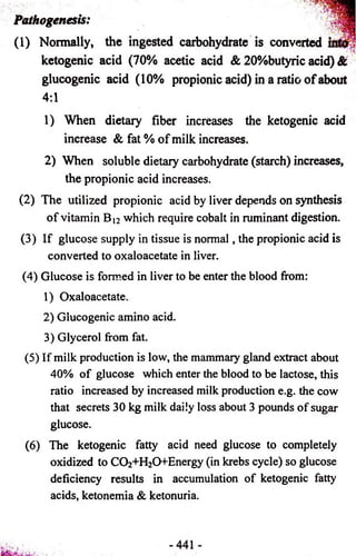Pathogenesis: 
(1) Normally, 
W?P 
the ingested carbohydrate is converted 
ketogenic acid (70% acetic acid & 20%butyric acid) & 
glucogenic acid (10% propionic acid) in a ratio o f about 
4:1 
1) When dietary fiber increases the ketogenic acid 
increase & fat % of milk increases. 
2) When soluble dietary carbohydrate (starch) increases, 
the propionic acid increases. 
(2) The utilized propionic acid by liver depends on synthesis 
of vitamin B|2 which require cobalt in ruminant digestion. 
(3) If glucose supply in tissue is normal, the propionic acid is 
converted to oxaloacetate in liver. 
(4) Glucose is formed in liver to be enter the blood from: 
1) Oxaloacetate. 
2) Glucogenic amino acid. 
3) Glycerol from fat. 
(5) If milk production is low, the mammary gland extract about 
40% of glucose which enter the blood to be lactose, this 
ratio increased by increased milk production e.g. the cow 
that secrets 30 kg milk daily loss about 3 pounds of sugar 
glucose. 
(6) The ketogenic fatty acid need glucose to completely 
oxidized to CCh+HaO+Energy (in krebs cycle) so glucose 
deficiency results in accumulation of ketogenic fatty 
acids, ketonemia & ketonuria. 
 
