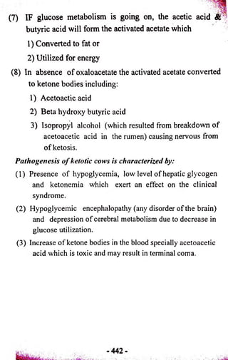 (7) IF glucose metabolism is going on, the acetic acid & 
butyric acid will form the activated acetate which 
1) Converted to fat or 
2) Utilized for energy 
(8) In absence of oxaloacetate the activated acetate converted 
to ketone bodies including: 
1) Acetoactic acid 
2) Beta hydroxy butyric acid 
3) Isopropyl alcohol (which resulted from breakdown of 
acetoacetic acid in the rumen) causing nervous from 
of ketosis. 
Pathogenesis o f ketotic cows is characterized by: 
(1) Presence of hypoglycemia, low level of hepatic glycogen 
and ketonemia which exert an effect on the clinical 
syndrome. 
(2) Hypoglycemic encephalopathy (any disorder of the brain) 
and depression of cerebral metabolism due to decrease in 
glucose utilization. 
(3) Increase of ketone bodies in the blood specially acetoacetic 
acid which is toxic and may result in terminal coma. 
 