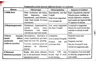 Comparative points between different downer cow syndrome 
Disease Clinical signs Clinical pathology Response to treatment § 
1-Milk fever Early excitement and tetany, 
then depression, coma, 
hypothermia, pupil dilatation, 
weak heart sounds. No rumen 
movements. 
Hypocalcemia, less than 
5 mg/di. 
High serum magnesium. 
Low inorganic ph. 
Rapid, characteristic response 1 
(Muscle tremor, swelling on 
muzzle, defecation, urination, 
heart sounds are improved after 
IV injection of calcium. 
2-Hypomagnesemia Excitement, hypersensitivity, 
muscle trernor, tetany. 
Recumbent with tetanic 
convulsions, laud heart sounds. 
Low serum magnesium 
less than 1.2 mg/dl. 
It responsd to magnesium 
therapy but much slower than 
response to calcium in milk 
fever. 
1 3-Sever toxemia 
| (acute diffuse 
peritonitis and 
coliform mastitis) 
Recumbencey, depression to 
coma, hypothermia, gut stasis, 
heart rate over 100 , grunting. 
Examine mammary gland and 
abdomen for abdominal 
disease. 
Leukopenia. 
Low Ca level (7-8 mg/dl) 
Examine milk and 
peritonium lluid. 
Response is poor and 
temporary. 
Prognosis very bad. 
May die if treated IV with 
calcium or magnesium salts. 
J 4-Maternal 
| obstetrical paralysis 
Bright, alter, drink, defecate, 
tiy to rise and cannot. Normal i 
rumenal movement. 1 
Normal CPK may 
become high if much 
muscle damage. 
No treatment, if not recovered 
by third day, prognosis may be 
unfavorable. f 
 