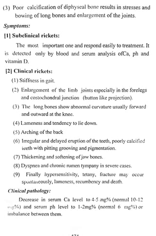 (3) Poor calcification of diphyseal bone results in stresses and 
bowing of long bones and enlargement of the joints. 
Symptoms: 
(1] Subclinical rickets: 
The most important one and respond easily to treatment. It 
is detected only by blood and serum analysis ofCa, ph and 
vitamin D. 
(2) Clinical rickets: 
(1) Stiffness in gait. 
(2) Enlargement of the limb joints especially in the forelegs 
and costochondral junction (button like projection). 
(3) The long bones show abnormal curvature usually forward 
and outward at the knee. 
(4) Lameness and tendency to lie down. 
(5) Arching of the back 
(6) Irregular and delayed eruption o f the teeth, poorly calcified 
teeth with pitting grooving and pigmentation. 
(7) Thickening and softening ofjaw bones. 
(8) Dyspnea and chronic rumen tympany in severe cases. 
(9) Finally hypersensitivity, tetany, fracture may occur 
spontaneously, lameness, recumbency and death. 
Clinical pathology: 
Decrease in serum Ca level to 4-5 mg% (normal 10-12 
g%) and serum ph level to l-2mg% (normal 6 mg%) or 
imbalance between them. 
 