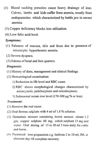 (4) Blood sucking parasites cause heavy drainage of iron. 
Calves, lambs and kids suffer from anemia, mostly from 
endoparasites which characterized by bottle jaw in severe 
anemia. 
(5) Copper deficiency blocks iron utilization. 
(6) Low folic acid level. 
Symptoms: 
(1) Paleness of mucosa, skin and feces due to presence of 
microcytic hypochromic anemia. 
(2) Severe dyspnea. 
(3) Edema of head and fore quarters. 
Diagnosis: 
(1) History' of diets, management and clinical findings. 
(2) Hematological examination: 
1) Reduction in Hb level and RBC count. 
2) RBC shows morphological changes characterized by 
anisocytosis, poikilocylosis and reticulocytosis. 
3) Subnormal serum iron level (170-300 pg % or less). 
Treatment: 
(1) Remove the real cause. 
(2) Oral ferrous sulphate with 4 ml of 1.8 % solution. 
(3) Hematinic mixture containing ferriet ammon citrate 1.2 
gm; copper sulphate 60 mg; cobalt sulphate 15 mg and 
water. Oral dosing of 15 to 30 ml 3 time daily for cattle 
and horse . 
(4) Parenteral iron preparation e.g. Imferon 2 to 10 ml, IM, at 
alternate day till complete recovery. 
 