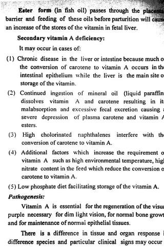 Ester form (in fish oil) passes through the 
barrier and feeding o f these oils before parturition will 
an increase o f the stores o f the vitamin in fetal liver. 
Secondary vitamin A deficiency: 
It may occur in cases of: 
(1) Chronic disease in the liver or intestine because much o 
the conversion o f carotene to vitamin A occurs inth< 
intestinal epithelium while the liver is the main site o 
storage o f the vitamin. 
(2) Continued ingestion o f mineral oil (liquid paraffin 
dissolves vitamin A and carotene resulting in it: 
malabsorption and excessive fecal excretion causing i 
severe depression o f plasma carotene and vitamin / 
esters. 
(3) High cholorinated naphthalenes interfere with th< 
conversion o f carotene to vitamin A. 
(4) Additional factors which increase the requirement o 
vitamin A such as high environmental temperature, higl 
nitrate content in the feed which reduce the conversion o 
carotene to vitamin A. 
(5) Low phosphate diet facilitating storage of the vitamin A. 
Pathogenesis: 
Vitamin A is essential for the regeneration o f the visu* 
purple necessary for dim light vision, for normal bone growt 
and for maintenance o f normal epithelial tissues. 
There is a difference in tissue and organ response i 
difference species and particular clinical signs may occur 
 