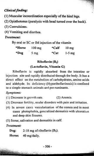 Clinical finding: 
(1) Muscular incoordination especially of the hind legs. 
(2) Opisthotonus (paralysis with head turned over the back). 
(3) Convulsions. 
(4) Vomiting and diarrhea. 
Treatment: 
By oral or SC or IM injection of the vitamin 
*Horse 100 mg *Calf 10 mg 
*Dog 5 mg *Cat 1-5 mg 
Riboflavin (B2) 
(Lactoflavin, Vitamin G) 
Riboflavin is rapidly absorbed from the intestine or 
injection site and rapidly distributed through the body. It has a 
direct effect on the metabolism of carbohydrates, amino acids 
and aldehyde. Its deficiency (Hyporiboflavinosis) is confined 
to a simple stomach animals and pre-ruminants. 
Symptoms: 
(1) Decrease in growth rate. (2) Anemia. 
(3) Decrease fertility, ocular disorders with pain and irritation. 
(4) In severe cases vascularisation of the cornea and in most 
cases photophobia, generalized dermatitis with ulceration 
and deep skin fissures. 
(5) Scour, salivation and dermatitis in calf. 
Treatment: 
Dog: 2-18 mg of riboflavin (B2). 
Horse: 40 mg/daily. 
-506- 
 