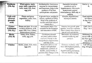 Pyridoxin 
(Vit. B6) 
Whole grains, seeds, 
yeast, leafy vegetables, 
milk, meat, fish, liver, 
egg yolk 
A ntidermetitis. It acts as co­en 
zyme for transaminases 
and deaminase, helps in the 
synthesis o f fat from 
c arbohydrates and protein. 
Dermatitis (acrodyna: 
acanthosis and or 
hyperkeratosis). Microcytic 
hypochromic anemia. 
Atherosclerosis, Difficulty in 
walking. 
Similar to vit. 
B, 
Folic acid 
(Pteroyl 
glutamic 
acid) 
P la n ts an d green 
v e g e ta b le s , yeast, liver, 
k id n e y 
A growth factor, antidote to 
a rsenic, synthesis o f DNA, 
Help in the synthesis o f 
nucleic acid (with help o f 
vitamin B |2) 
Glossitis, Hypochromic 
microcytic anemia. 
Exact require 
isn’t know 
In dog: 4 to 5 
daily 
Cyano- 
Cobalamin 
(Vit B12) 
P lan ts a r e p o o r. It is rich 
in d a iry p ro d u c ts , milk, 
m e a t, f is h , liver, kidney, 
Streptomyces grisens. 
Anti-anemic factor. It is 
essential for the formation 
and maturation o f RBC. 
Anemia, less growth, poor 
appetite, muscular weakness. 
Pine in sheep where there is 
loss of wool and debilitv. 
Calf: 2 to 4 
Dog: 1 to 2 
Biotin 
(Vit. H) 
Y e a s t, liv e r, kidney, 
m ilk , e g g yolk. 
Co-enzyme (several 
enzymes carboxylation 
reaction). It helps in the 
biosynthesis o f pyrimidines 
and fatty acids. 
Dermatitis, leg weakness, 
animals wandering and 
paralysis. 
Deficiency se 
occurs with n< 
did . Raw egg li 
may produ 
deficiency in 
Choline 
. 
Bu tte r, y e a s t, liver, meat, 
e g g yolk. 
Methylaton process and 
helps in phospholipid 
metabolism, synthesis of 
lecithin, acetylcholine, it 
prevents fatty changes in the 
liver. 
Anorexia, weakness, fatty 
liver, fall of plasma protein, 
hemoglobin. 
Rapid breathing and ataxia. 
Chronic diarrhea in dog. 
Calf: 60 mg/ 
Dog: 44 mg/kj 
 