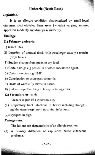 Urticaria (Nettle Rash) 
Definition: 
It is an allergic condition characterized by small local 
circumscribed elevated firm areas (wheals) varying in size, 
appeared suddenly and disappear suddenly. 
Etiology: 
(1) Primary urticaria: 
1) Insect bites. 
2) Ingestion of unusual food, with the allergen usually a protein 
(Soya bean). 
3) Sudden change from green to dry food. 
4) Certain drugs e.g penicillin or other anaesthetic agent. 
5) Certain vaccine e.g. FMD. 
6) Constipation or acute gastroenteritis. 
7) Death of warble fly larvae in tissue. 
8) Sudden stop of milking in heavy lactating cows. 
(2) Secondary urticaria: 
Occurs as part of a syndrome e.g. 
(1) Respiratory tract infections in horses including strangles 
and the upper respiratory tract viral infections. 
(2) Erysiplas in pigs. 
Pathogenesis: 
The lesions are characteristic of an allergic reaction. 
(1) A primary dilatation of capillaries cause cutaneous 
erythema. 
- 522 - 
 