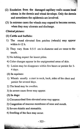(2) Exudation from the damaged capillary walls causes local 
edema in the dermis and wheal develops. Only the dermis 
and sometimes the epidermis are involved. 
(3) In extreme cases the wheals may expand to become serous, 
when they may ulcerate and discharge. 
Clinical picture: 
(1) Cattle and buffalo: 
1) The round elevated firm patches (wheals) may appear 
within 6-12 h. 
2) They vary from 0.5-5 cm in diameter and are tense to the 
touch. 
3) No itching expect for insect pities. 
4) Color changes appear in the unpigmented areas of skin. 
5) Lesion may be disappears within few hours or persist for 3- 
4 days. 
(2) In equines: 
1) Wheals usually a start in neck, back, sides of the chest and 
persist for several days. 
2) The head may be swollen. 
3) In severe cases fever may appear. 
(3) In dogs: 
1) Circumscribed firm elevated areas may appear. 
2) Congestion o f mucous membrane o f nose and mouth. 
3) Severe rhinitis and stomatitis. 
4) Swelling o f the face may occur. 
- 523 - 
 