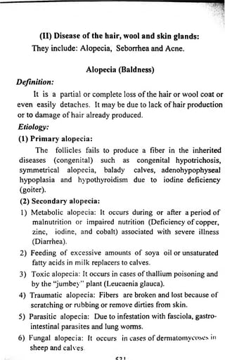 (II) Disease of the hair, wool and skin glands: 
They include: Alop ecia, Seborrhea and Acne. 
Alopecia (Baldness) 
D e fin itio n : 
It is a partial or complete loss of the hair or wool coat or 
even easily detaches. It may be due to lack of hair production 
or to damage of hair already produced. 
E tio lo g y : 
(1) Prim a ry alopecia: 
The follicles fails to produce a fiber in the inherited 
diseases (congenital) such as congenital hypotrichosis, 
symmetrical alopecia, balady calves, adenohypophyseal 
hypoplasia and hypothyroidism due to iodine deficiency 
(goiter). 
(2) Secondary alopecia: 
1) Metabolic alopecia: It occurs during or after a period of 
malnutrition or impaired nutrition (Deficiency of copper, 
zinc, iodine, and cobalt) associated with severe illness 
(Diarrhea). 
2) Feeding of excessive amounts of soya oil or unsaturated 
fatty acids in milk replacers to calves. 
3) Toxic alopecia: It occurs in cases of thallium poisoning and 
by the “jumbey” plant (Leucaenia glauca). 
4) Traumatic alopecia: Fibers are broken and lost because of 
scratching or rubbing or remove dirties from skin. 
5) Parasitic alopecia: Due to infestation with fasciola, gastro­intestinal 
parasites and lung worms. 
6) Fungal alopecia: It occurs in cases of dermatomyeose.s in 
sheep and calves 
 