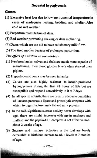 Neonatal hypoglycemia 
Causes: 
(1) Excessive heat loss due to low enviromental temperature in 
cases of inadequate heating, bedding and shelter, Also 
cold or wet weather. 
(2) Prepartum malnutrition of dam. 
(3) Bad weather preventing sucking or dam mothering. 
(4) Dams which are too old to have satisfactory milk flow. 
(5) Too tired mother because of prolonged parturition. 
The effect o f nutrition on the newborn: 
(1) Newborn lambs, calves and foals are much more capable of 
maintaining their blood glucose levels when starved than 
piglets. 
(2) Hypoglycemic coma may be seen in lambs. 
(3) Calves are also highly resistant to insulin-produced 
hypoglycemia during the first 48 hours of life but are 
susceptible and respond convulsively to it at 7 days. 
(4) In all species at birth, there are usually adequate quantities 
of lactase, pancreatic lipase and proteolytic enzymes with 
which to digest lactose, milk fat and milk proteins. 
(5) In the calf, significant sucrase activity never develops with 
age; there are slight increases with age in amylases and 
maltase and the pepsin-HCI complex is not effective until 
about 2 weeks of age. 
(6) Sucrase and maltase activities in the foal are barely 
detectable at birth but increase to adult levels at 7 months 
of age. 
 