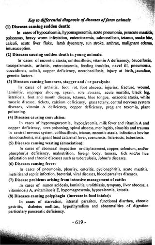 Key to differential diagnosis o f diseases offarm animals 
(1) Diseases causing sudden death: 
In cases of hypocalcemia, hypomagnesemia, acute pneumonia, peracute mastitis, 
poisonous, heavy worm infestation, enterotoxemia, salmonellosis, tetanus, snake bite, 
calculi, acute liver fluke, lamb dysentery, sun stroke, anthrax, malignant edema, 
intussuception. 
(2) Diseases causing sudden death in young animals: 
In c a s e s o f en zo o tic a taxia, colibacillosis, vitamin A d e fic ien cy , brucellosis, 
to x o p a l sm o s i s , arthritis, en te ro to x emia , feeding trouble s , navel ill, pneumonia, 
c o c c id io s is , cobalt, c o p p e r de fic iency, necrobacillosis, injury a t birth, jaundice, 
g e n e tic factors. 
(3) Diseases causing lameness, stagger and / or paralysis: 
In c ase s o f arthritis, foot rol, foot abscess, injuries, fracture, wound, 
laminitis, improper shoeing, sprain, sole abscess, acute mastitis, bla ck leg, 
lis teriosis, foot and mouth disease, tetanus, blue tongue, enzootic a taxia , white 
mu sc le disease, rickets, calcium deficiency, grass tetany, central n e rv o u s system 
d ise a se s , vitamin A deficiency, copper deficiency, pregnant toxemia, plant 
poisoning. 
(4) Diseases causing convulsion: 
In cases o f hypomagnesemia, hypoglycemia, milk fever and vitamin A and 
co p p e r deficiency, urea poisoning, spinal abscess, meningitis, sinusitis and trauma 
in central nervous system, colibacillosis, tetanus, enzootic ataxia, infectious bovine 
rhinotra che itis, malignant head catarrhal fever, coenurosis, listeriosis, babesiosis. 
(5) Diseases causing wasting (emaciation): 
In cases o f abomasal impaction or displacement, copper, selenium, and/or 
p h o sp h o ru s deficiency, malnutrition, foreign body, turners, tick and/or lice 
infestation and chronic diseases such as tuberculosis, Jo h n e ’s diseases. 
(6) Diseases causing fever: 
In cases o f pneumonia, pleurisy, enteritis, pyelonephritis, acute mastitis, 
metritisand septic infection, bacterial, viral diseases, blood parasites diseases. 
(7) Disease problems arising from intensive management of cattle: 
In c ase s o f rumen acidosis, laminitis, urolithiasis, tympany, liver abscess, a 
vitaminos is A, avitaminosis E, hypomagnesemia, hypocalcemia, ketosis. 
(8) Diseases causing polyphagia (increase in food intake): 
In cases of starvation, internal parasites, functional diarrhea, chronic 
gastritis, diabetes mellitus, hyperthyrodism and abnormalities of digestion 
particuiary pancreatic deficiency. 
- 619 - 
 