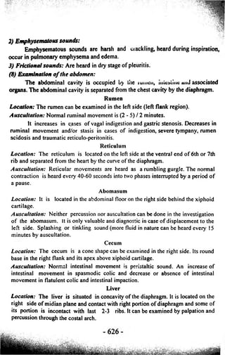 2) Emphysematous sounds: 
Emphysematous sounds are harsh and crackling, heard during inspiration, 
occur in pulmonary emphysema and edema. 
3) Frictional sounds: Are heard in dry stage of pleuritis. 
(8) Examination o f the abdomen: 
The abdominal cavity is occupied by the lumen, interline anJ associated 
organs. The abdominal cavity is separated from the chest cavity by the diaphragm. 
Rumen 
Location: The rumen can be examined in the left side (left flank region). 
Auscultation: Normal ruminal movement is (2 - 5) / 2 minutes. 
It increases in cases o f vagal indigestion and gastric stenosis. Decreases in 
ruminal movement and/or stasis in cases o f indigestion, severe tympany, rumen 
acidosis and traumatic reticulo-peritonitis. 
Reticulum 
Location: The reticulum is located on the left side at the ventral end o f 6th or 7th 
rib and separated from the heart by the curve o f the diaphragm. 
Auscultation: Reticular movements are heard as a rumbling gurgle. The normal 
contraction is heard every 40-60 seconds into two phases interrupted by a period o f 
a pause. 
Abomasum 
Location: It is located in the abdominal floor on the right side behind the xiphoid 
cartilage. 
Auscultation: Neither percussion nor auscultation can be done in the investigation 
o f the abomasum. It is only valuable and diagnostic in case o f displacement to the 
left side. Splashing or tinkling sound (more fluid in nature can be heard every 1$ 
minutes by auscultation. 
Cecum 
Location: The cecum is a cone shape can be examined in the right side. Its round 
base in the right flank and its apex above xiphoid cartilage. 
Auscultation: Normal intestinal movement is peristaltic sound. An increase o f 
intestinal movement in spasmodic colic and decrease or absence o f intestinal 
movement in flatulent colic and intestinal impaction. 
Liver 
Location: The liver is situated in concavity of the diaphragm. It is located on the 
right side o f midian plane and contact with right portion of diaphragm and some of 
its portion is incontact with last 2-3 ribs. It can be examined by palpation and 
percussion through the costal arch. 
 