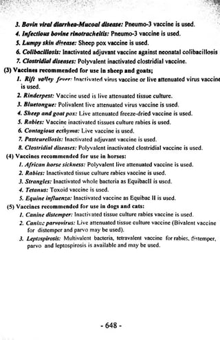 5. Bovin viral diarrhea-Mucoal disease: Pneumo-3 vaccine is used. 
4. Infectious bovine rinotracheitis: Pneumo-3 vaccine is used. 
5. Lumpy skin disease: Sheep pox vaccine is used. 
6. Colibacillosis: Inactivated adjuvant vaccine against neonatal colibacillosis 
7. C l o s t r i d i a l d i s e a s e s : Polyvalent inactivated clostridial vaccine. 
(3) Vaccines recommended for use in sheep and goats; 
L Rift valley fever: Inactivated vims vaccine or live attenuated vims vaccine 
is used. 
2. Rinderpest: Vaccine used is live attenuated tissue culture. 
J. Bluetongue: Polivalent live attenuated virus vaccine is used. 
4. Sheep and goat pox: Live attenuated freeze-dried vaccine is used. 
5. Rabies: Vaccine inactivated tissues culture rabies is used. 
6. Contagious ecthyma: Live vaccine is used. 
7. Pasteureilosis: Inactivated adjuvant vaccine is used. 
8. Clostridial diseases: Polyvalent inactivated clostridial vaccine is used. 
(4) Vaccines recommended for use in horses: 
1. African horse sickness: Polyvalent live attenuated vaccine is used. 
2. Rabies: Inactivated tissue culture rabies vaccine is used. 
5. Strangles: Inactivated whole bacteria as EquibacII is used. 
4. Tetanus: Toxoid vaccine is used. 
5. Equine influenza: Inactivated vaccine as Equibac II is used. 
(5) Vaccines recommended for use in dogs and cats: 
L Canine distemper: Inactivated tissue culture rabies vaccine is used. 
2. Canine parvovirus: Live attenuated tissue culture vaccine (Bivalent vaccine 
for distemper and parvo may be used). 
J. Leptospirosis: Multivaient bacteria, tetravalent vaccine for rabies, distemper, 
parvo and leptospirosis is available and may be used. 
- 6 4 8 - 
 