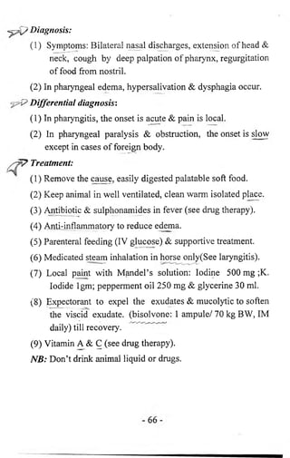 Diagnosis: 
(1) Symptoms: Bilateral nasal discharges, extension of head & 
neck, cough by deep palpation of pharynx, regurgitation 
of food from nostril. 
(2) In pharyngeal edema, hypersalivation & dysphagia occur. 
Differential diagnosis: 
(1) In pharyngitis, the onset is acute & pain is local. 
(2) In pharyngeal paralysis & obstruction, the onset is slow 
except in cases of foreign body. 
Treatment: 
v (1) Remove the cause, easily digested palatable soft food. 
(2) Keep animal in well ventilated, clean warm isolated place. 
(3) Amtibiotic & sulphonamides in fever (see drug therapy). 
(4) Antiinflammatory to reduce edema. 
(5) Parenteral feeding (IV glucose) & supportive treatment. 
(6 ) Medicated steam inhalation in horse only(See laryngitis). 
(7) Local paint with Mandel’s solution: Iodine 500 mg ;K. 
Iodide Igm; pepperment oil 250 mg & glycerine 30 ml. 
(8 ) Expectorant to expel the exudates & mucolytic to soften 
the viscid exudate, (bisolvone: 1 ampule/ 70 kg BW, IM 
daily) till recovery. 
(9) Vitamin A & C (see drug therapy). 
NB: Don’t drink animal liquid or drugs. 
 