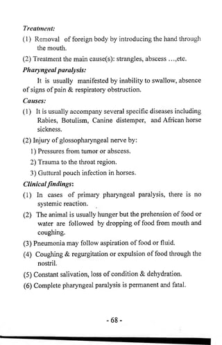 Treatment: 
(1) Removal of foreign body by introducing the hand through 
the mouth. 
(2) Treatment the main cause(s): strangles, abscess ...,etc. 
Pharyngeal paralysis: 
It is usually manifested by inability to swallow, absence 
of signs of pain & respiratory obstruction. 
Causes: 
(1) It is usually accompany several specific diseases including 
Rabies, Botulism, Canine distemper, and African horse 
sickness. 
(2) Injury of glossopharyngeal nerve by: 
1) Pressures from tumor or abscess. 
2) Trauma to the throat region. 
3) Guttural pouch infection in horses. 
Clinical findings: 
(1) In cases of primary pharyngeal paralysis, there is no 
systemic reaction. 
(2) The animal is usually hunger but the prehension of food or 
water are followed by dropping of food from mouth and 
coughing. 
(3) Pneumonia may follow aspiration of food or fluid. 
(4) Coughing & regurgitation or expulsion of food through the 
nostril. 
(5) Constant salivation, loss of condition & dehydration. 
(6 ) Complete pharyngeal paralysis is permanent and fatal. 
- 6 8 - 
 