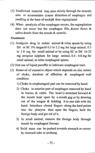 (3) Swallowed material may pass slowly through the stenotic 
area or accumulates (cause dilatation of esophagus and 
swelling at the base of neck)& then regurgitated. 
(4) When paralysis of the esophagus occurs, the regurgitation 
does not occur but the esophagus fills, &over flows & 
saliva drools from the mouth & nostrils. 
Treatment: 
( 1 ) Analgesic drug to sedate animal & relax spasm by using 
IM or SC 5% largactil 0.5 to 2.2 mg for large animal, 0.5 
to 1.0 mg for small animal or by using SC or IM 16-32 
mg atropine sulphate for large animal, 0.4 - 0.8 mg for 
small animal, to relax esophageal spasm. 
(2) Oral use of liquid paraffin to lubricate esophageal tract. 
(3) Removal of causative object which depends on site, nature 
of choke, duration of affection & esophageal wall 
condition. 
1) Choke in orophamgeal part can be removed by hand. 
2 ) Choke in anterior part of esophagus removed by hand 
in horses & cattle. The head is stretched forward & 
the mouth kept open by a mouth gag or by drawing 
out of the tongue & holding it to one side with the 
hand. Introduce closed fingers along the hard palate 
into the pharynx then open the fingers, hold the 
foreign body and get rid of it. 
3) In small animal, remove the foreign body through 
mouth by esophageal forceps. 
4) Solid mass can be pushed towards stomach or rumen 
by stomach tube or probang. 
- 7 5 - 
 