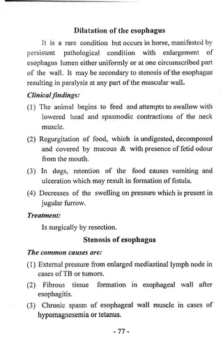Dilatation of the esophagus 
It is a rare condition but occurs in horse, manifested by 
persistent pathological condition with enlargement of 
esophagus lumen either uniformly or at one circumscribed part 
of the wall. It may be secondary to stenosis of the esophagus 
resulting in paralysis at any part of the muscular wall. 
Clinical findings: 
(1) The animal begins to feed and attempts to swallow with 
lowered head and spasmodic contractions of the neck 
muscle. 
(2) Regurgitation of food, which is undigested, decomposed 
and covered by mucous & with presence of fetid odour 
from the mouth. 
(3) In dogs, retention of the food causes vomiting and 
ulceration which may result in formation of fistula. 
(4) Decreases of the swelling on pressure which is present in 
jugular furrow. 
Treatment: 
Is surgically by resection. 
Stenosis of esophagus 
The common causes are: 
(1) External pressure from enlarged mediastinal lymph node in 
cases of TB or tumors. 
(2) Fibrous tissue formation in esophageal wall after 
esophagitis. 
(3) Chronic spasm of esophageal wall muscle in cases of 
hypomagnesemia or tetanus. 
- 7 7 - 
 