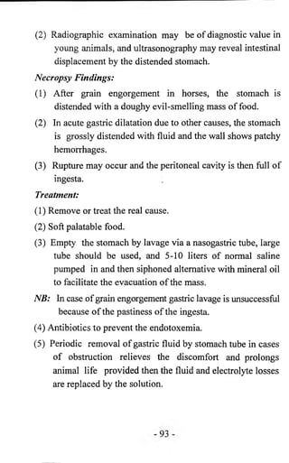 (2) Radiographic examination may be of diagnostic value in 
young animals, and ultrasonography may reveal intestinal 
displacement by the distended stomach. 
Necropsy Findings: 
(1) After grain engorgement in horses, the stomach is 
distended with a doughy evil-smelling mass of food. 
(2) In acute gastric dilatation due to other causes, the stomach 
is grossly distended with fluid and the wall shows patchy 
hemorrhages. 
(3) Rupture may occur and the peritoneal cavity is then full of 
ingesta. 
Treatment: 
(1) Remove or treat the real cause. 
(2) Soft palatable food. 
(3) Empty the stomach by lavage via a nasogastric tube, large 
tube should be used, and 5-10 liters of normal saline 
pumped in and then siphoned alternative with mineral oil 
to facilitate the evacuation of the mass. 
NB: In case of grain engorgement gastric lavage is unsuccessful 
because of the pastiness of the ingesta. 
(4) Antibiotics to prevent the endotoxemia. 
(5) Periodic removal of gastric fluid by stomach tube in cases 
of obstruction relieves the discomfort and prolongs 
animal life provided then the fluid and electrolyte losses 
are replaced by the solution. 
 