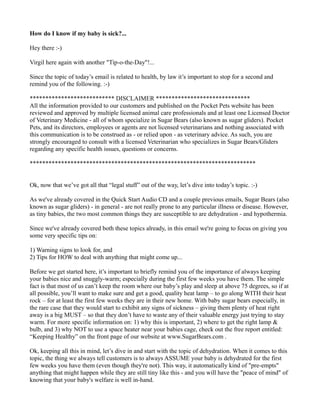 How do I know if my baby is sick?... 
Hey there :-) 
Virgil here again with another "Tip-o-the-Day"!... 
Since the topic of today’s email is related to health, by law it’s important to stop for a second and 
remind you of the following. :-) 
*************************** DISCLAIMER ****************************** 
All the information provided to our customers and published on the Pocket Pets website has been 
reviewed and approved by multiple licensed animal care professionals and at least one Licensed Doctor 
of Veterinary Medicine - all of whom specialize in Sugar Bears (also known as sugar gliders). Pocket 
Pets, and its directors, employees or agents are not licensed veterinarians and nothing associated with 
this communication is to be construed as - or relied upon - as veterinary advice. As such, you are 
strongly encouraged to consult with a licensed Veterinarian who specializes in Sugar Bears/Gliders 
regarding any specific health issues, questions or concerns. 
************************************************************************ 
Ok, now that we’ve got all that “legal stuff” out of the way, let’s dive into today’s topic. :-) 
As we've already covered in the Quick Start Audio CD and a couple previous emails, Sugar Bears (also 
known as sugar gliders) - in general - are not really prone to any particular illness or disease. However, 
as tiny babies, the two most common things they are susceptible to are dehydration - and hypothermia. 
Since we've already covered both these topics already, in this email we're going to focus on giving you 
some very specific tips on: 
1) Warning signs to look for, and 
2) Tips for HOW to deal with anything that might come up... 
Before we get started here, it’s important to briefly remind you of the importance of always keeping 
your babies nice and snuggly-warm; especially during the first few weeks you have them. The simple 
fact is that most of us can’t keep the room where our baby’s play and sleep at above 75 degrees, so if at 
all possible, you’ll want to make sure and get a good, quality heat lamp – to go along WITH their heat 
rock – for at least the first few weeks they are in their new home. With baby sugar bears especially, in 
the rare case that they would start to exhibit any signs of sickness – giving them plenty of heat right 
away is a big MUST – so that they don’t have to waste any of their valuable energy just trying to stay 
warm. For more specific information on: 1) why this is important, 2) where to get the right lamp & 
bulb, and 3) why NOT to use a space heater near your babies cage, check out the free report entitled: 
“Keeping Healthy” on the front page of our website at www.SugarBears.com . 
Ok, keeping all this in mind, let’s dive in and start with the topic of dehydration. When it comes to this 
topic, the thing we always tell customers is to always ASSUME your baby is dehydrated for the first 
few weeks you have them (even though they're not). This way, it automatically kind of "pre-empts" 
anything that might happen while they are still tiny like this - and you will have the "peace of mind" of 
knowing that your baby's welfare is well in-hand. 
 