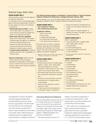 Selected Sugar Glider Diets 
SUGAR GLIDER DIET 1 
(Recommended by author, see www.asgv.org 
for additional information) 
The ideal daily diet for a domesticated sugar 
glider should equal approximately 15-20% of 
its body weight and consist of the following 
4 components: 
• Nutritionally-balanced kibble* (approx. 
75% of daily intake). This equates to 1-2 
oz per animal and should be available free 
choice in the enclosure at all times. 
• Sliced fresh fruits and vegetables 
(approx 25% of daily intake). This equates 
to approximately one-eighth of an apple per 
animal and should be placed in the 
enclosure at night and removed each 
morning. Items should not be diced or 
chopped to maintain moisture content. 
• A calcium-based multivitamin* should be 
sprinkled over fresh fruits or vegetables 3-4 
times per week. 
*Special consideration: Kibble and multi-vitamin 
products should be designed 
specifically for sugar gliders and formulated 
to work in tandem with each other. Mixing 
products made for other animals is generally 
not recommended. 
The following feeding programs are published in Johnson-Delaney C: Exotic Companion 
Medicine Handbook for Veterinarians. Zoological Education Network, 2000. 
Owners electing to use any of the following diets should be advised to mix the ingredients 
precisely as outlined in order to maintain nutritional consistency and efficacy. 
SUGAR GLIDER DIET 2** 
• 50% Leadbeater’s Mixture 
• 50% insectivore/carnivore diet 
Leadbeater’s Mixture: 
• 150 ml warm water 
• 150 ml honey 
• 1 shelled hard-boiled egg 
• 25 g high protein baby cereal 
• 1 tsp vitamin/mineral supplement 
Mix warm water and honey. In separate 
container, blend egg until homogenized; 
gradually add honey/water, then vitamin 
powder, then baby cereal, blending after each 
addition until smooth. Refrigerate. 
**Based on research and consultation with Australian 
zookeepers, veterinarians, and naturalists 
SUGAR GLIDER DIET 3 
(one daily portion) 
• Include equal amounts of: chopped apple, 
grapes or mango, carrot, sweet potato, 
hard-cooked egg yolk, zoo formula 
insectivore or exotic feline diet, plus 1 Tbsp 
volume of pet industry-raised insects 
• Pet industry-raised insects that have been 
fed a commercial cricket diet or enriched 
feed 
• Or, owner can dust all insects, fruits and 
moist foods with a complete vitamin/ 
mineral powder 
• Insects include mealworms, crickets, 
waxworms, moths 
• 1 Tbsp insects (2 small mealworms or 
4 small and 2 large or 2 waxworms) 
• Nectars formulated for lories/lorikeets can 
be given as a fruit-portion substitute or as 
a treat 
• Foods should be “chopped together” to 
decrease the ability of the glider to pick out 
only the favorite parts 
SUGAR GLIDER DIET 4† 
(feeds 1 sugar glider) 
• 1 tsp-sized piece each, chopped: apple, 
carrot, sweet potato, banana 
• 1 tsp leaf lettuce 
• 1/2 hard-cooked egg yolk 
• 1 Tbsp good quality zoo feline diet 
• 1 dozen mealworms 
† Chicago Zoological Park adapted from AAZK Animal 
Diet Notebook 
SUGAR GLIDER DIET 5# 
(feeds 2 sugar gliders) 
• 3 g apple 
• 3 g banana/corn 
• 1.5 g dog kibble 
• 1 tsp fly pupae 
• 3 g grapes/kiwi fruit 
• 2 tsp Leadbeater’s mixture 
(see previous Diet 2) 
• 4 g orange with skin 
• 2 g pear 
• 2 g cantaloupe/melon/papaya 
• 3 g sweet potato 
• On Wednesdays: feed day-old chick; when 
available, large insects (mealworms) 
# Taronga Zoo, Sydney Australia 
and applesauce. Owners should be 
cautioned against feeding fatty, 
nutrient-deficient insects as treats 
because sugar gliders will often hold 
out and refuse to eat anything else 
once they become accustomed to 
insects. Treats should be no more than 
5% of daily intake. Filtered spring or 
drinking water (not unfiltered tap 
water) should be available at all times. 
Housing Recommendations 
The recommended enclosure size for 1 
or 2 adult animals over 5 months of 
age is: 36 inches (91 cm) wide by 24 
inches (61 cm) deep by 40 inches (102 
cm) high. Large aviary cages are the 
most practical option for adult sugar 
gliders. Additional height is the 
primary consideration. 
The ideal enclosure size for 1-2 
babies or juveniles younger than 5 
months out of the pouch is: 18-20 
inches (46-51 cm) wide and deep and 
24-30 inches (61-76 cm) high. 
PVC-coated wire is preferred over 
epoxy, paint, powder-coated or 
galvanized wire due to potential 
health and safety hazards. Rectangular 
openings should be no larger than ½" 
x 1" (1.25-2.5 cm). Enclosures consist- 
www.exoticdvm.com EXOTIC DVM VOLUME 11 ISSUE 3 35 
 
