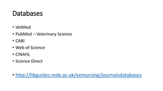 Databases
• VetMed
• PubMed – Veterinary Science
• CABI
• Web of Science
• CINAHL
• Science Direct
• http://libguides.mdx.ac.uk/vetnursing/journalsdatabases
 