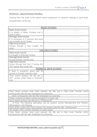 Further activities DOSSIER Year 4 
Activity 6. Special System Studies. 
Choose from the chart at the bottom which expression or sentence belongs to each level 
of qualification at the top. 
MUSIC STUDIES 
Basic level course 
It is taught in Music Centers and it 
lasts 4 years 
………………………………………............ 
…………………………………………………. . 
Average level course 
It is structured in 3 periods and each 
one is made up of 2 years 
………………………………………............ 
…………………………………………………. . 
High level course 
Access through a test. Length: 4-5 
years 
………………………………………............ 
…………………………………………………. . 
DANCING STUDIES 
Basic level course 
It is taught in Dancing Centers 
………………………………………............ 
…………………………………………………. . 
Average level course 
Access through specific test 
………………………………………............ 
…………………………………………………. . 
High level course 
Acess through test and if having the 
VET course (low level) title 
………………………………………............ 
…………………………………………………. . 
DRAMATIC ARTS STUDIES 
It lasts 4 academic years and its 
access is through passing a test 
………………………………………............ 
…………………………………………………. . 
Once exams passed, the title got is 
VET course (High level) in Dramatic 
Arts. 
………………………………………............ 
…………………………………………………. . 
Once these courses have been passed, the title got is High Level Teacher which 
corresponds with the title Graduated by University. 
… which corresponds with the title Graduated by university. 
These courses are taken mainly amongst 8-12 years old. 
Once exams passed, the title got is “Professional” 
… of ESO. The following specialties can be studied: Scenic Management and Theatre, 
Interpretation and Staging. 
Once all the cycles have been passed, the student gets the title: “professional” 
The length of the courses depends on each center. 
Once these courses have been passed, the title got is High Level Teacher which 
corresponds with the title Graduated by University. 
PHOTOCOPIABLE MATERIAL. www.cuadernos.apoclam.org 7 
 